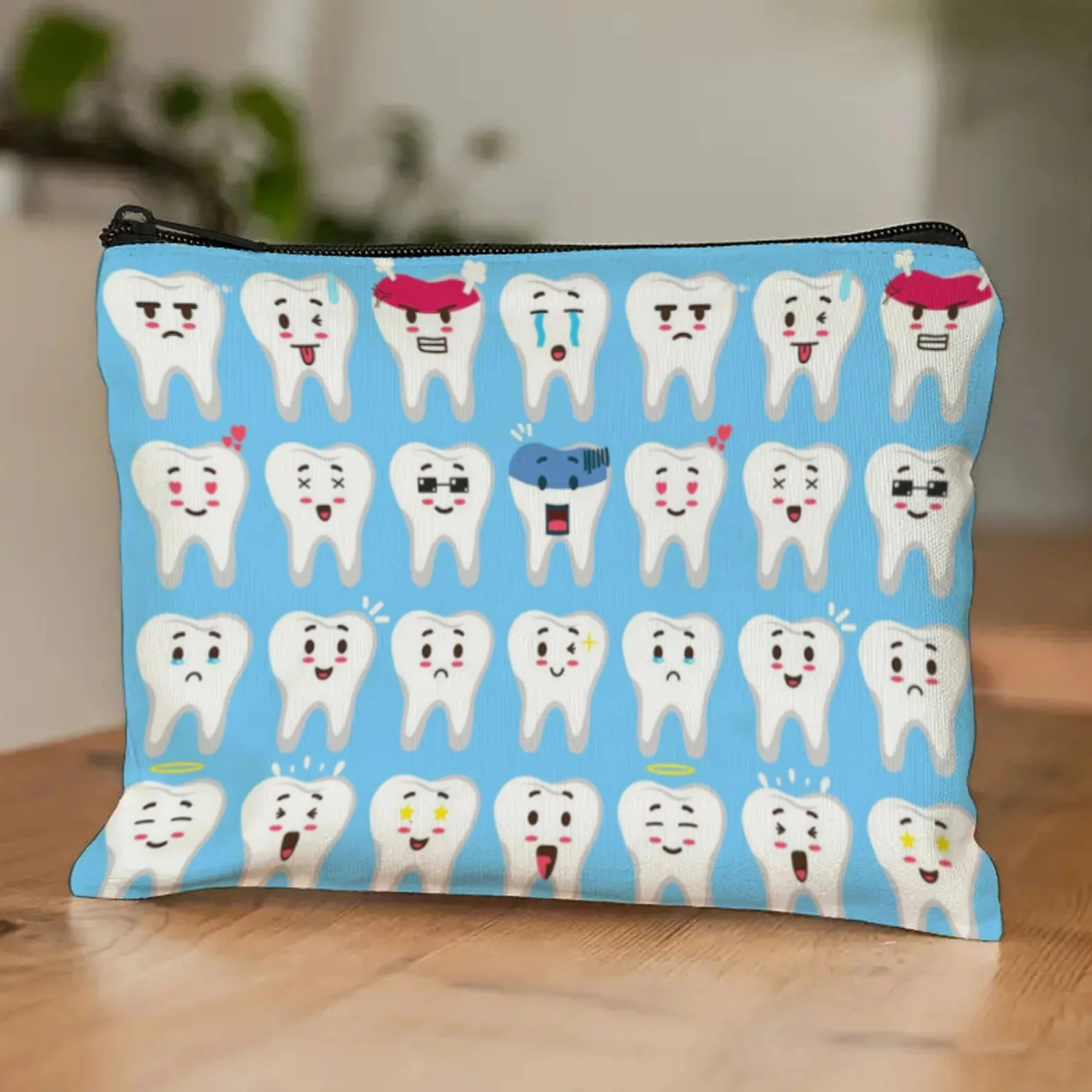Lovely Playful Mischief Tooth Cosmetic Pouch Dental-Themed Cartoon Teeth with Funny Poses Zippered Makeup Bag for Daily Use