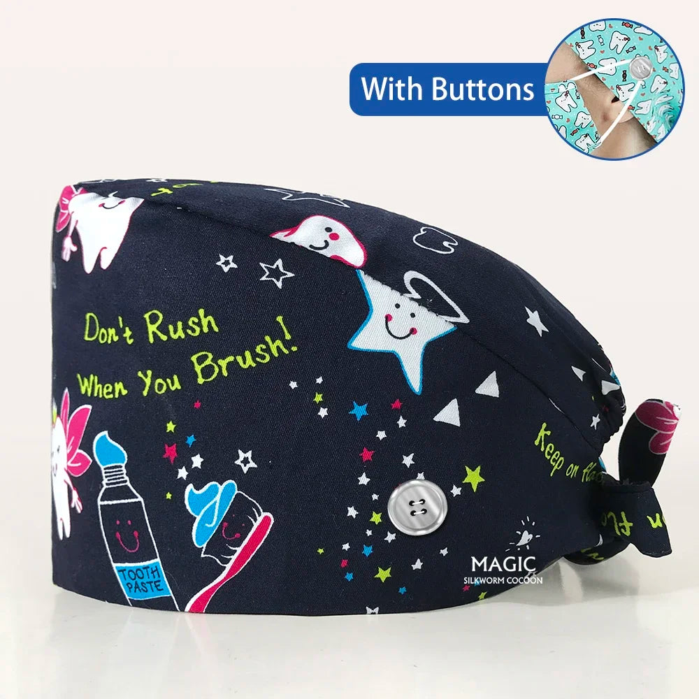 Tooth Printing Adjustable medical Hats Dental Hospital Scrubs Caps Unisex Tie Back Cartoon Scrubs Hats Health nursing Work Hats