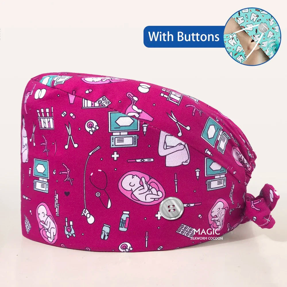 Tooth Printing Adjustable medical Hats Dental Hospital Scrubs Caps Unisex Tie Back Cartoon Scrubs Hats Health nursing Work Hats