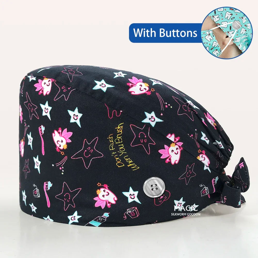 Tooth Printing Adjustable medical Hats Dental Hospital Scrubs Caps Unisex Tie Back Cartoon Scrubs Hats Health nursing Work Hats