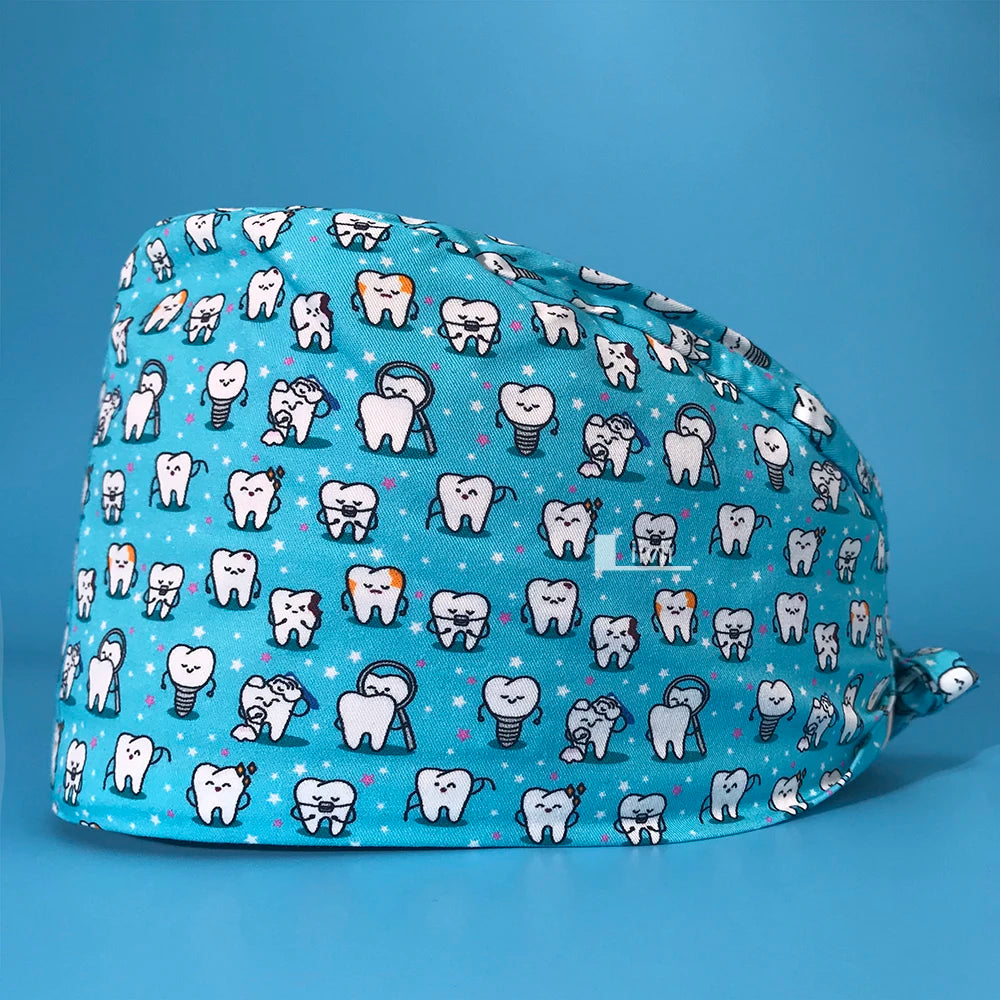 Tooth Print Scrub Cap - Breathable Cotton Nursing Hat for Dental Clinics