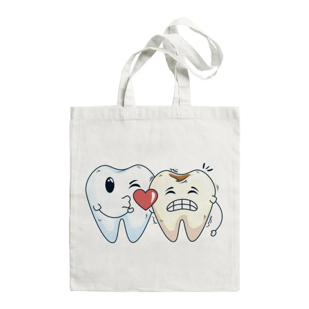 Cartoon Tooth Pattern Pattern Canvas Tote Bag - Dental Clinic Activity Gift Caring for Teeth Activity Bag Dentist Commut Handbag
