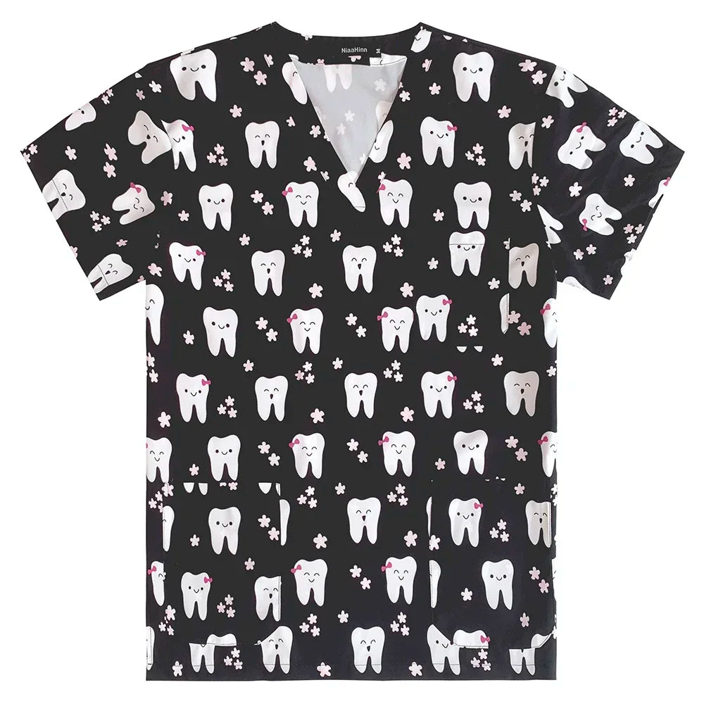 Men's Work Uniform Teeth Print Dentist Comfortable Short Sleeve Scrubs V-Neck Top Clinic Pharmacy Nursing Accessories Blouse New