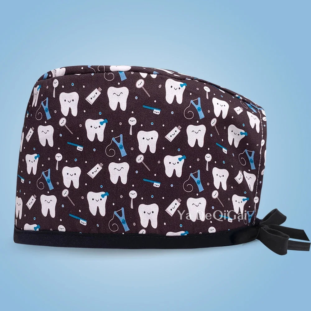 Unisex Pet Clinic Hats High Quality Tooth Print Dental Clinic Scrub Cap Breathable Medical Work Cap Cotton Nursing Hat Wholesale
