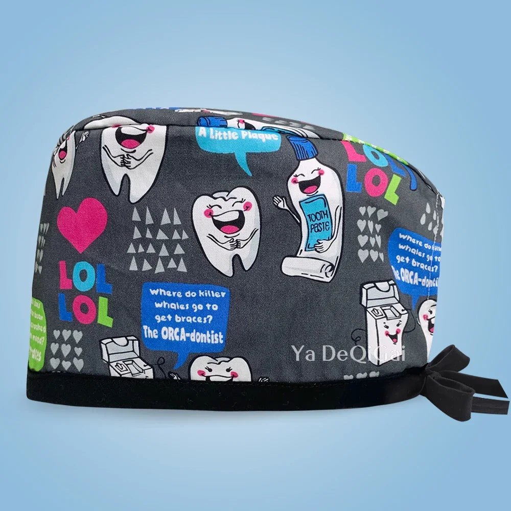 Unisex Pet Clinic Hats High Quality Tooth Print Dental Clinic Scrub Cap Breathable Medical Work Cap Cotton Nursing Hat Wholesale