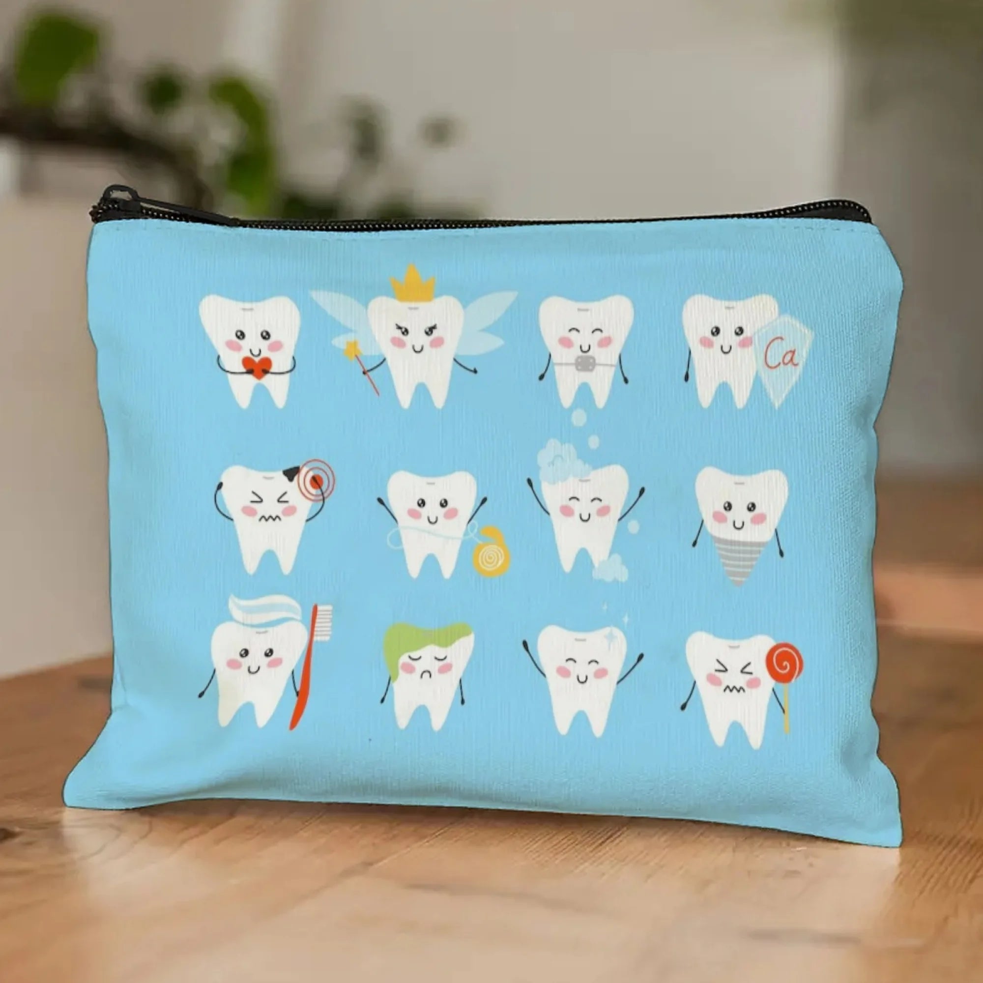 Sparkling Tooth Tale Cosmetic Pouch Dental-Themed Cartoon Teeth with Glitter & Fairy Wings Zippered Makeup Bag for Daily Use