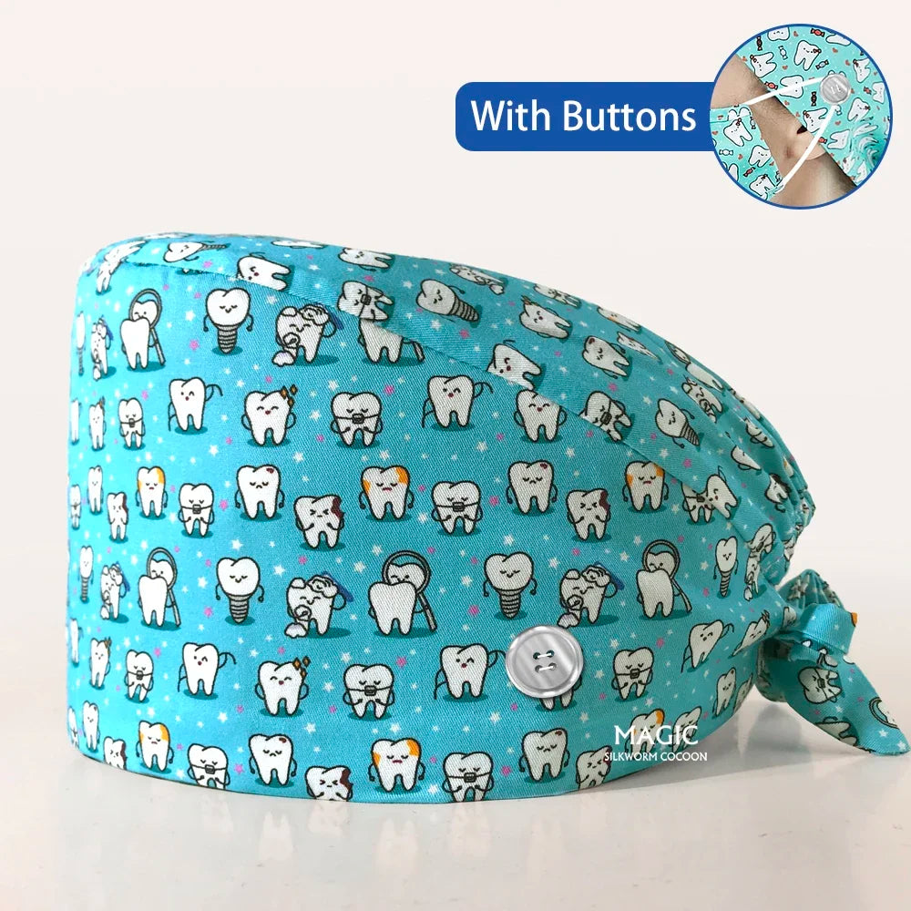 Tooth Printing Adjustable medical Hats Dental Hospital Scrubs Caps Unisex Tie Back Cartoon Scrubs Hats Health nursing Work Hats