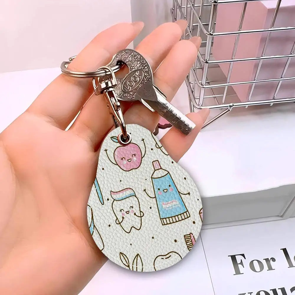Dentist Dental Teeth Tooth Leather Access Card Holder, Water Drop Keychain, Bus Card Elevator Induction Protective Cover