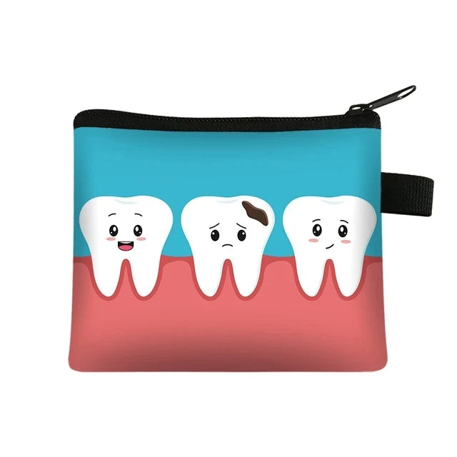 Cartoon Teeth Print Wallet Women Coin Purse Tooth Fairy Small Clutch Bag Candy Money Coin Bags Dental Clinic Mini Purses Gift