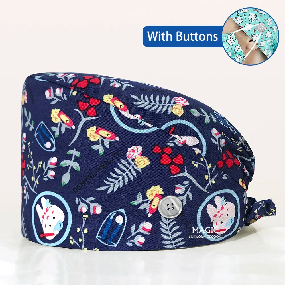 Tooth Printing Adjustable medical Hats Dental Hospital Scrubs Caps Unisex Tie Back Cartoon Scrubs Hats Health nursing Work Hats