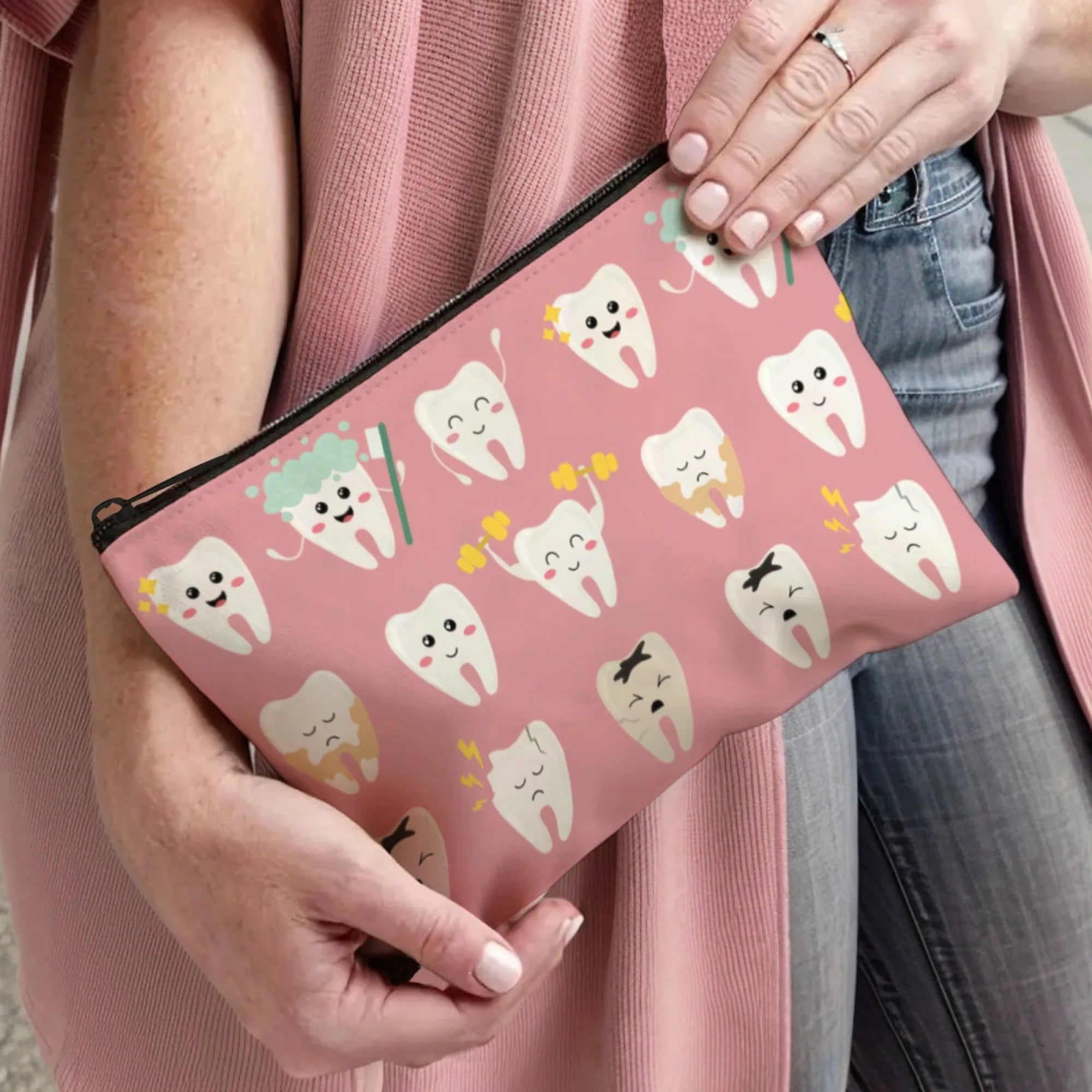 Lovely Playful Mischief Tooth Cosmetic Pouch Dental-Themed Cartoon Teeth with Funny Poses Zippered Makeup Bag for Daily Use
