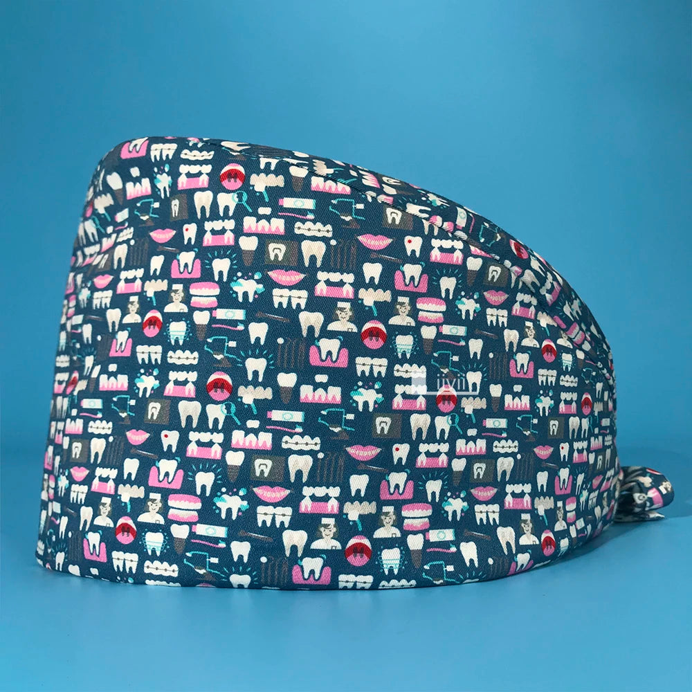 Tooth Print Scrub Cap - Breathable Cotton Nursing Hat for Dental Clinics
