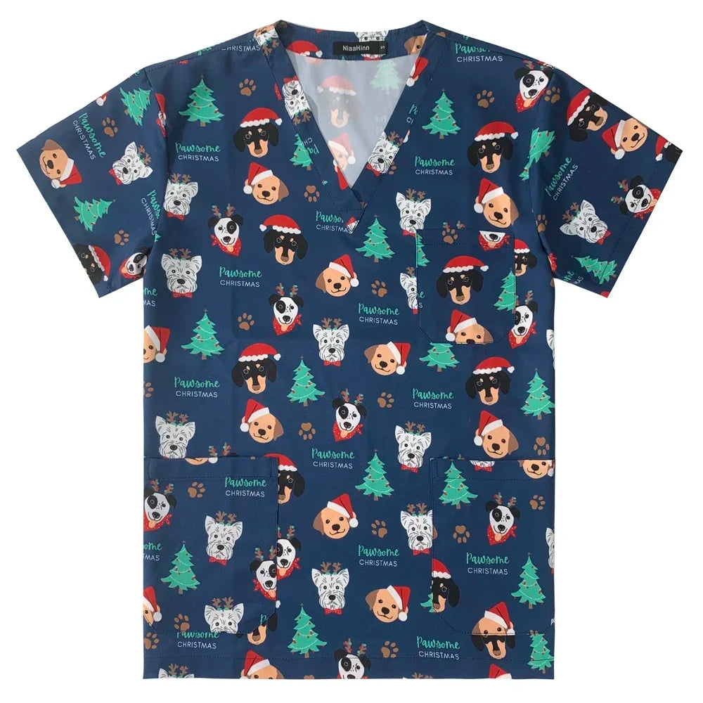 Men's Work Uniform Teeth Print Dentist Comfortable Short Sleeve Scrubs V-Neck Top Clinic Pharmacy Nursing Accessories Blouse New