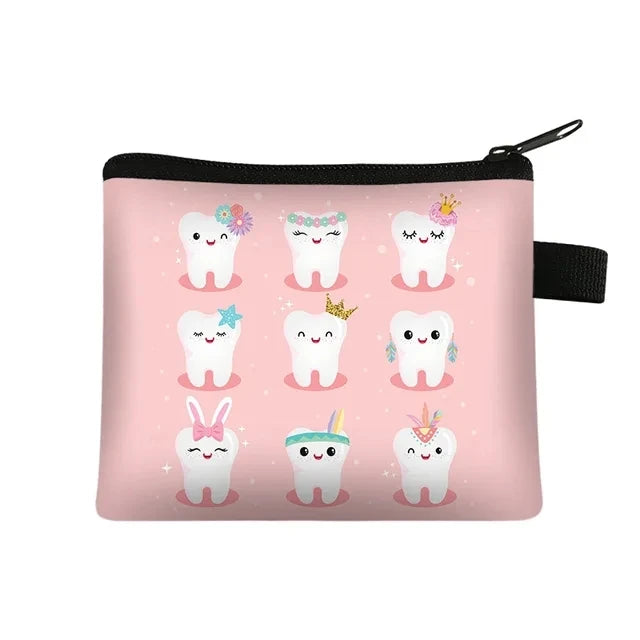 Cartoon Teeth Print Wallet Women Coin Purse Tooth Fairy Small Clutch Bag Candy Money Coin Bags Dental Clinic Mini Purses Gift