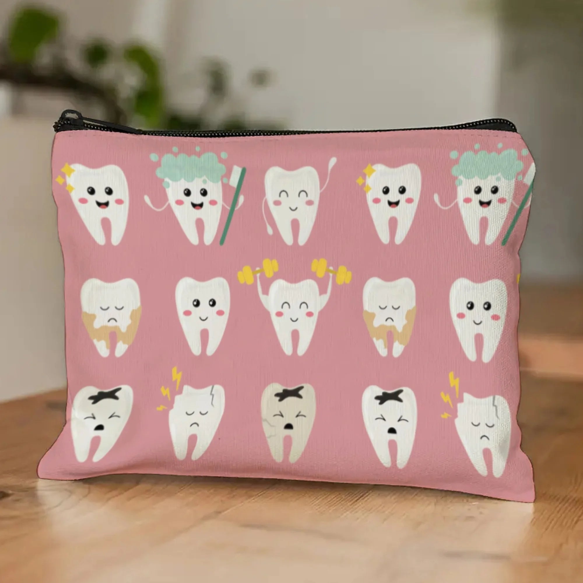 Lovely Playful Mischief Tooth Cosmetic Pouch Dental-Themed Cartoon Teeth with Funny Poses Zippered Makeup Bag for Daily Use