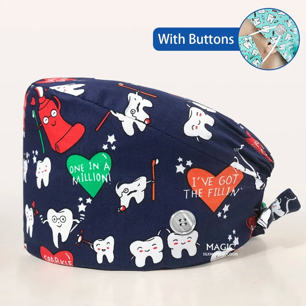 Tooth Printing Adjustable medical Hats Dental Hospital Scrubs Caps Unisex Tie Back Cartoon Scrubs Hats Health nursing Work Hats