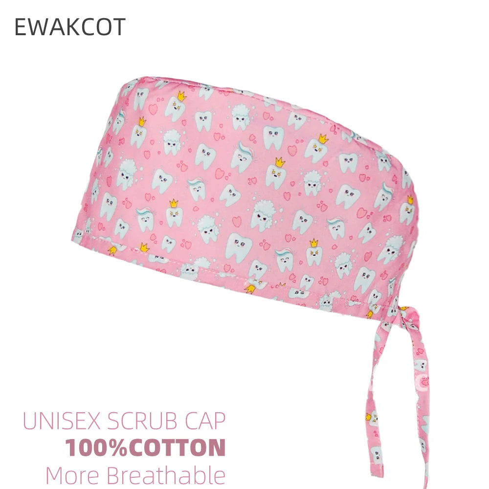 New Cute Teeth Pattern Head Cap 100% Cotton Dental Clinical Surgical Cap Female Male Medical Operating room Scrub Caps Nurse Hat