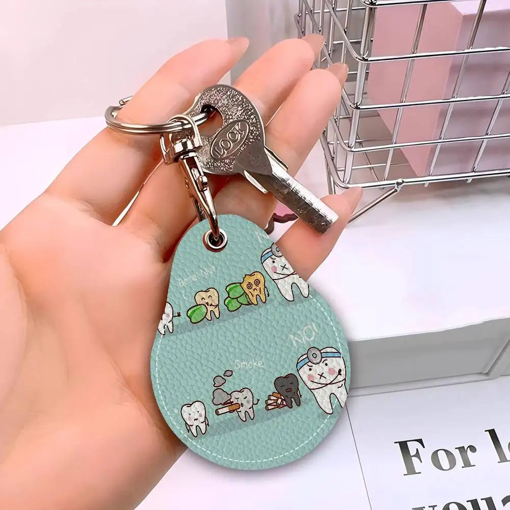 Dentist Dental Teeth Tooth Leather Access Card Holder, Water Drop Keychain, Bus Card Elevator Induction Protective Cover