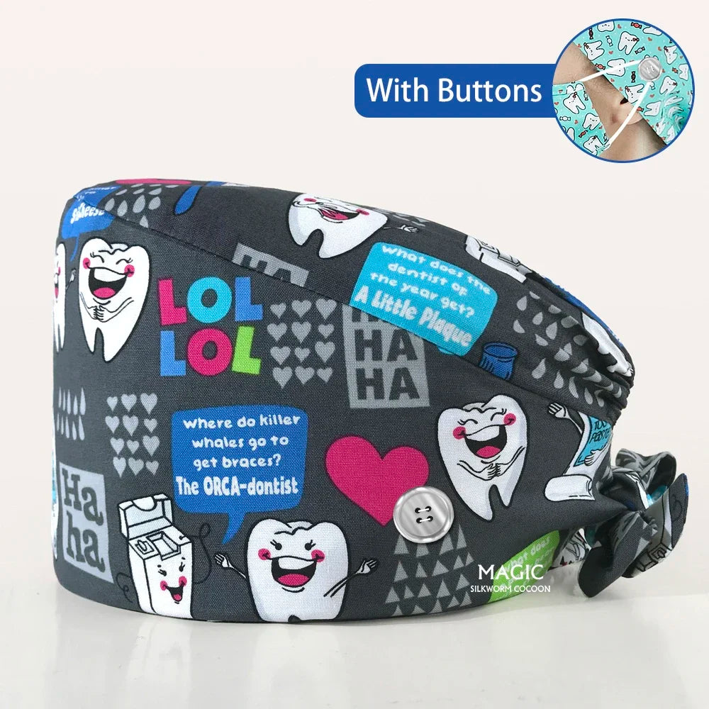 Tooth Printing Adjustable medical Hats Dental Hospital Scrubs Caps Unisex Tie Back Cartoon Scrubs Hats Health nursing Work Hats