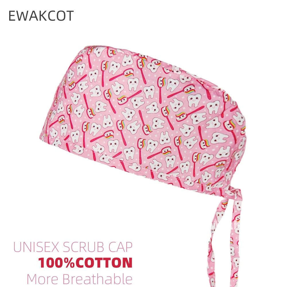 Teeth Pattern Nurse Cap Pure Cotton Dentistry Clinic Working Surgical Cap Woman man Dental accessories Scrub Caps with Sweatband