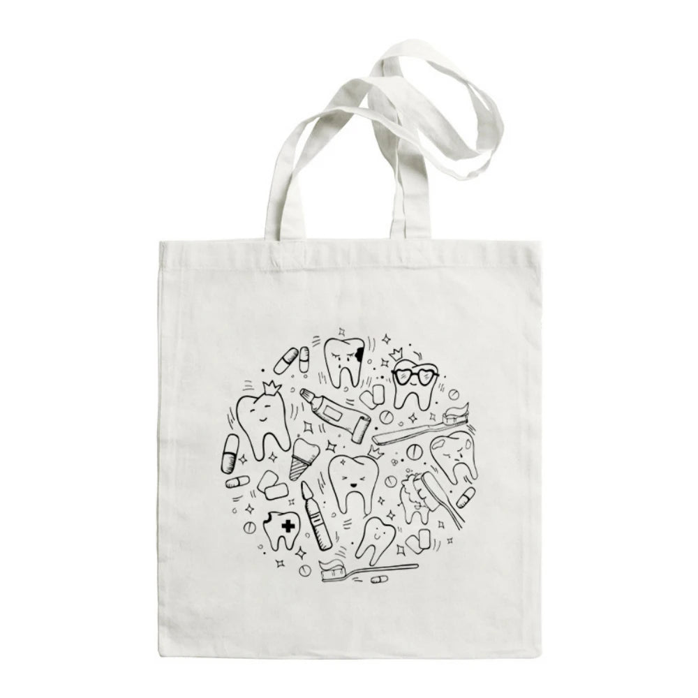 Cartoon Tooth Pattern Pattern Canvas Tote Bag - Dental Clinic Activity Gift Caring for Teeth Activity Bag Dentist Commut Handbag