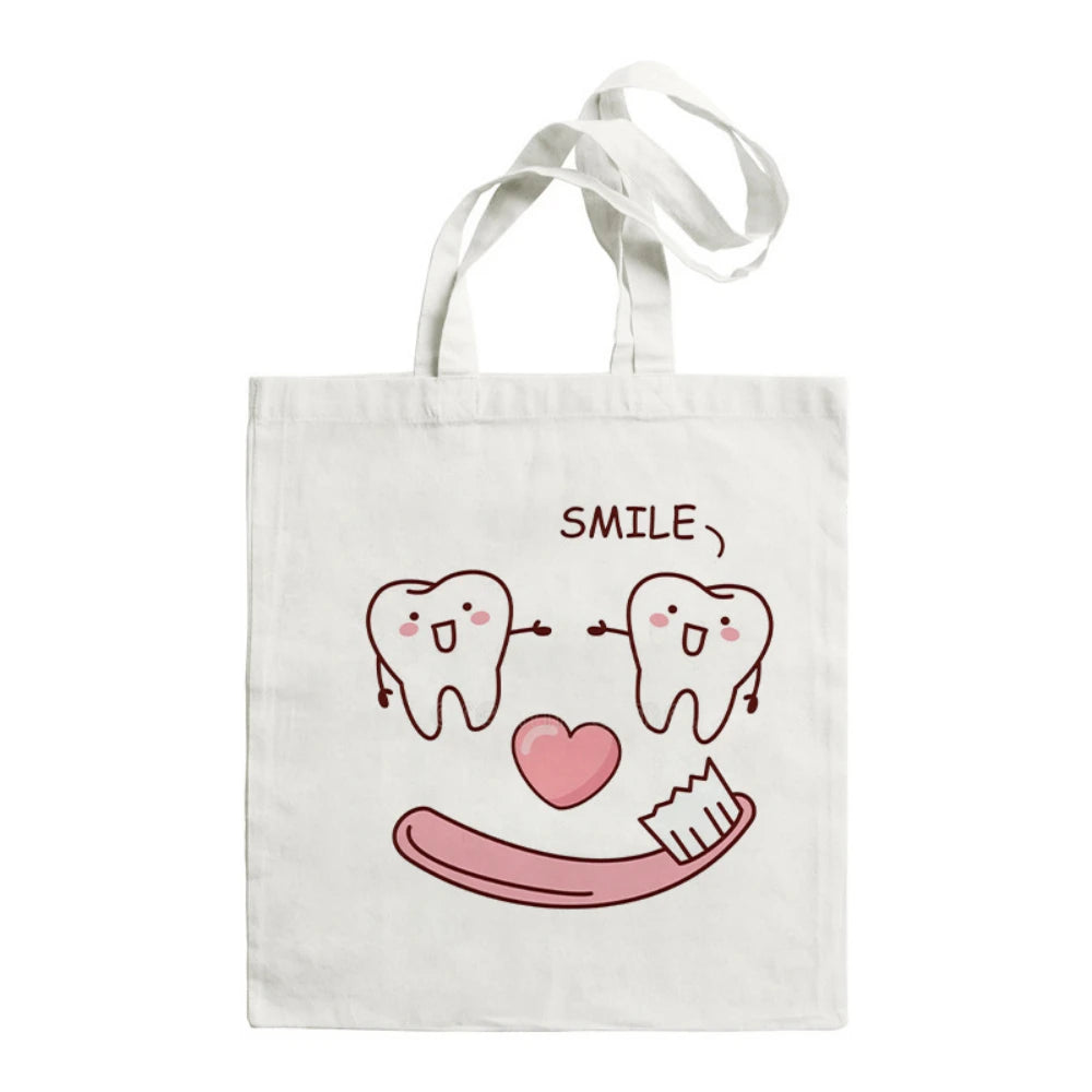 Cartoon Tooth Pattern Pattern Canvas Tote Bag - Dental Clinic Activity Gift Caring for Teeth Activity Bag Dentist Commut Handbag