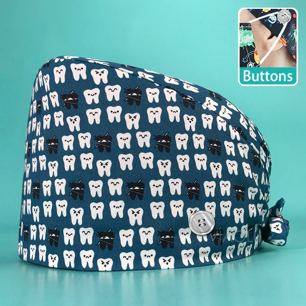Dental Tooth Pattern Scrub Cap - Professional Surgical Hat for Women