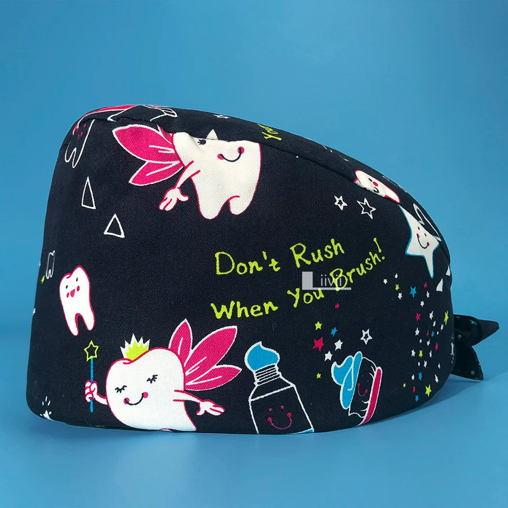 Tooth Print Scrub Cap - Breathable Cotton Nursing Hat for Dental Clinics