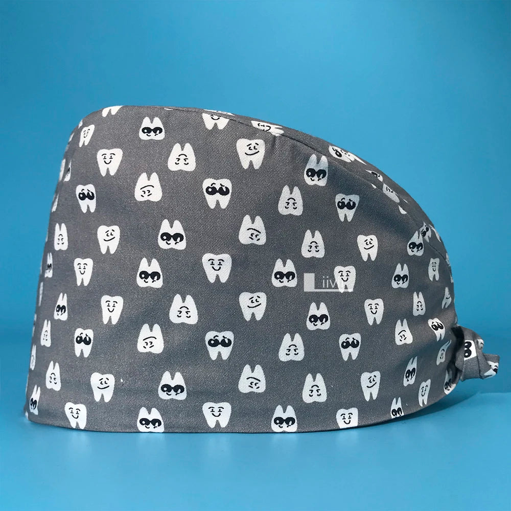 Tooth Print Scrub Cap - Breathable Cotton Nursing Hat for Dental Clinics
