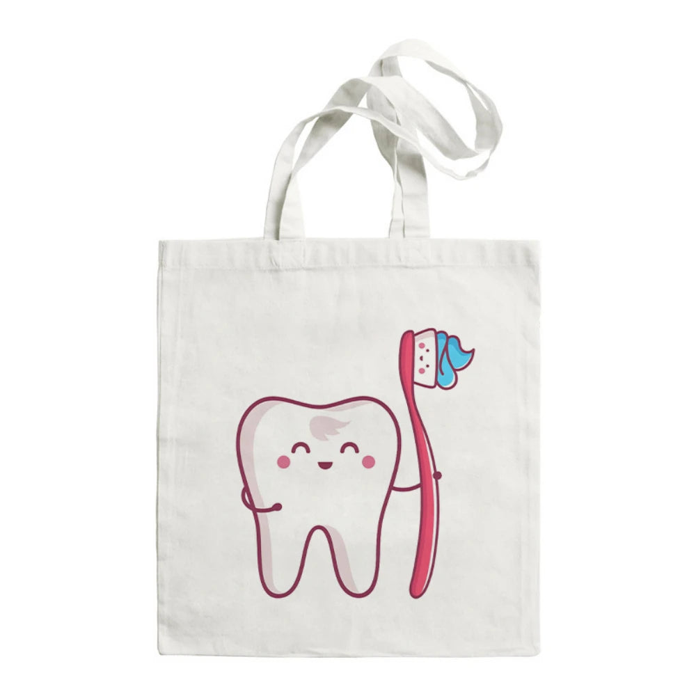Cartoon Tooth Pattern Pattern Canvas Tote Bag - Dental Clinic Activity Gift Caring for Teeth Activity Bag Dentist Commut Handbag