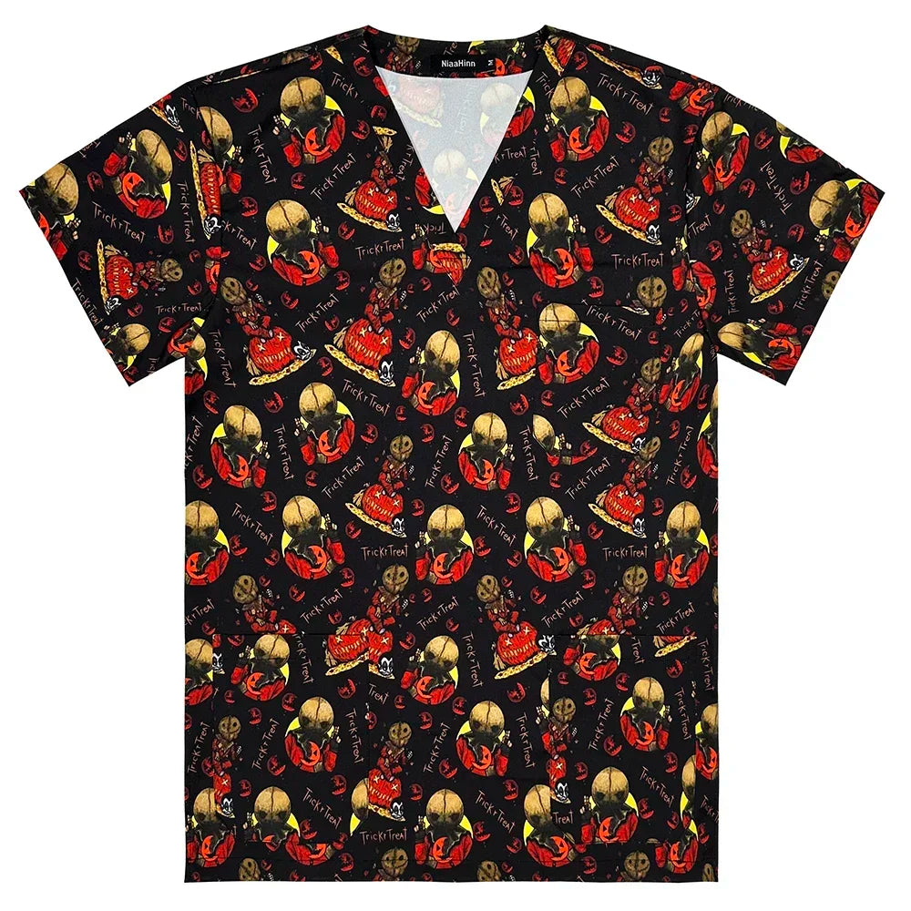 Men's Work Uniform Teeth Print Dentist Comfortable Short Sleeve Scrubs V-Neck Top Clinic Pharmacy Nursing Accessories Blouse New