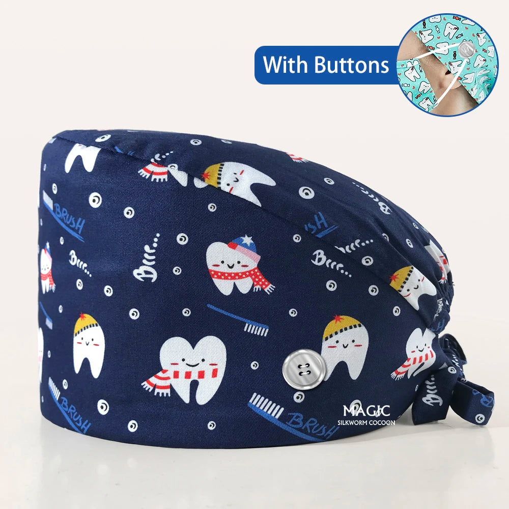 Tooth Print Breathable Scrub Cap - Cotton Hat for Dental Professionals