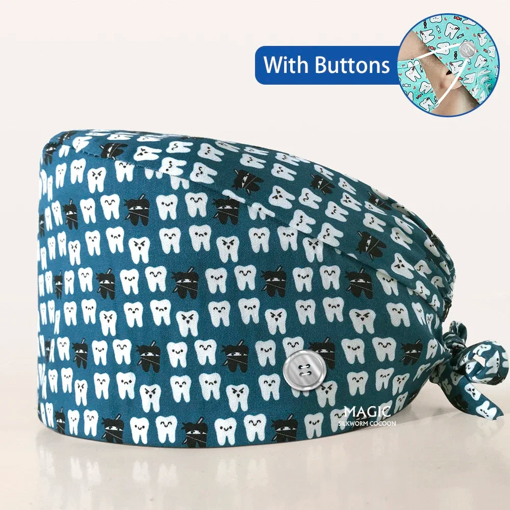 Tooth Printing Adjustable medical Hats Dental Hospital Scrubs Caps Unisex Tie Back Cartoon Scrubs Hats Health nursing Work Hats