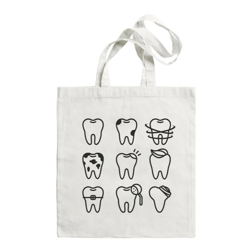 Cartoon Tooth Pattern Pattern Canvas Tote Bag - Dental Clinic Activity Gift Caring for Teeth Activity Bag Dentist Commut Handbag