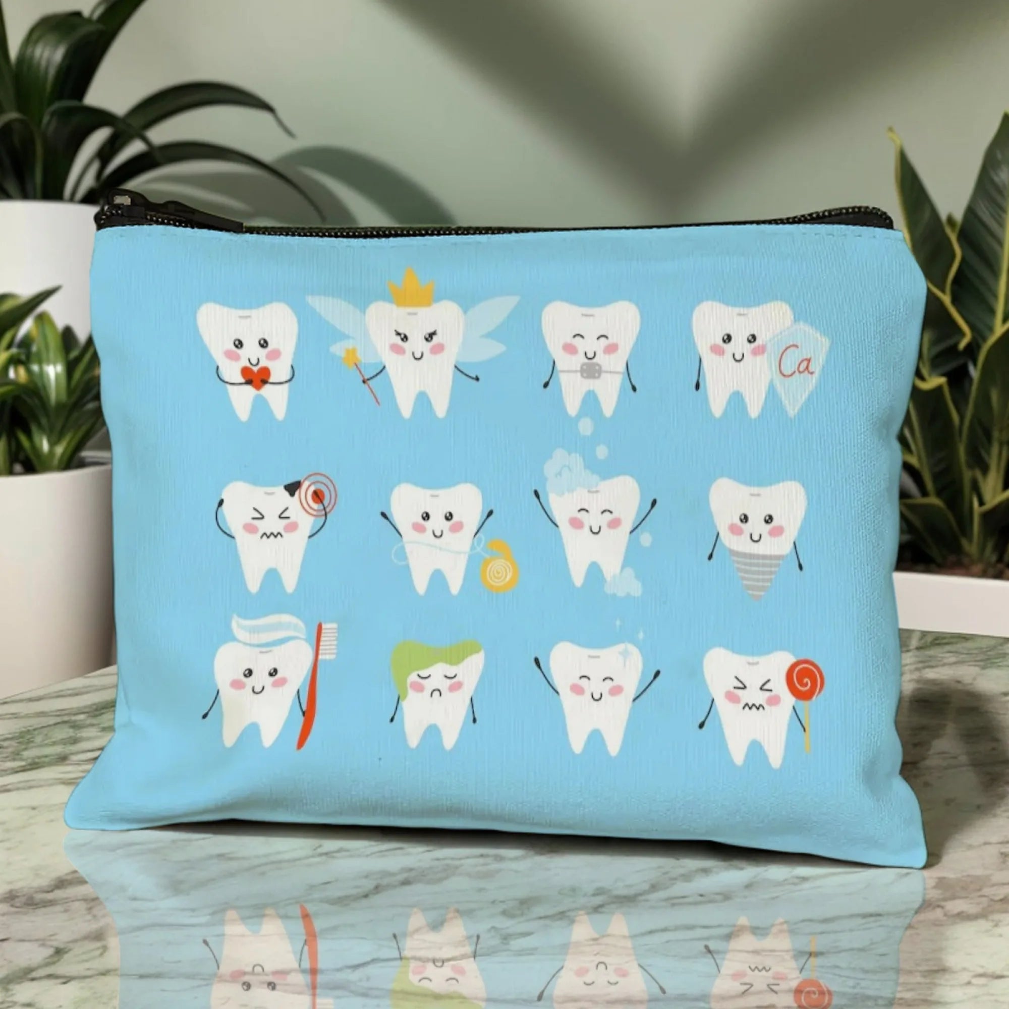 Sparkling Tooth Tale Cosmetic Pouch Dental-Themed Cartoon Teeth with Glitter & Fairy Wings Zippered Makeup Bag for Daily Use