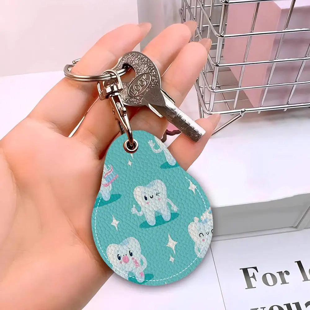 Dentist Dental Teeth Tooth Leather Access Card Holder, Water Drop Keychain, Bus Card Elevator Induction Protective Cover