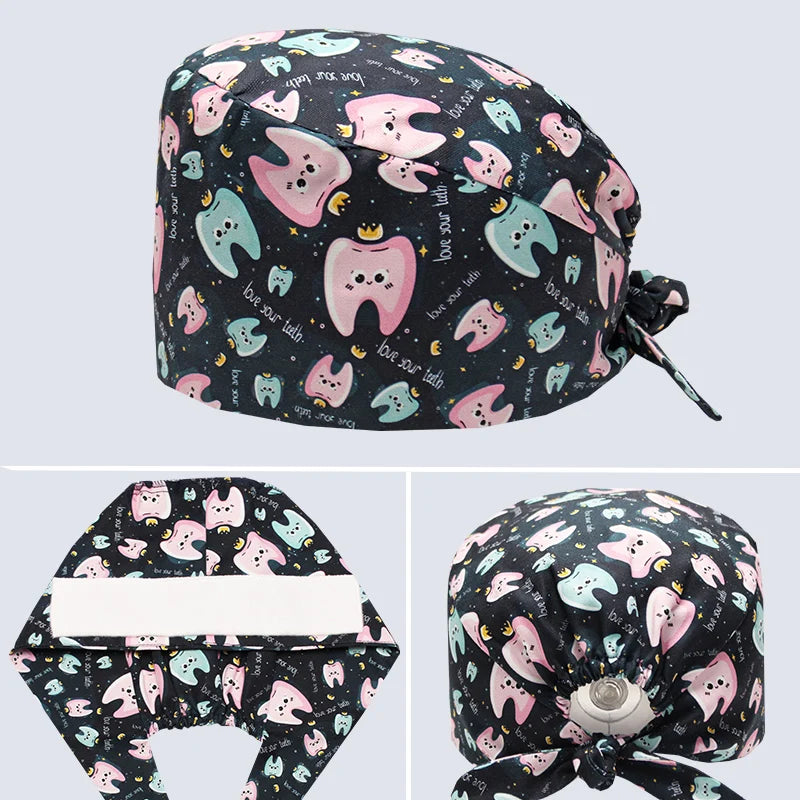 Tooth Fairy Scrub Caps for Man Woman Long Hair Adjustable Skullcap Beauty Salon Vet Working Hats with Bottons M981