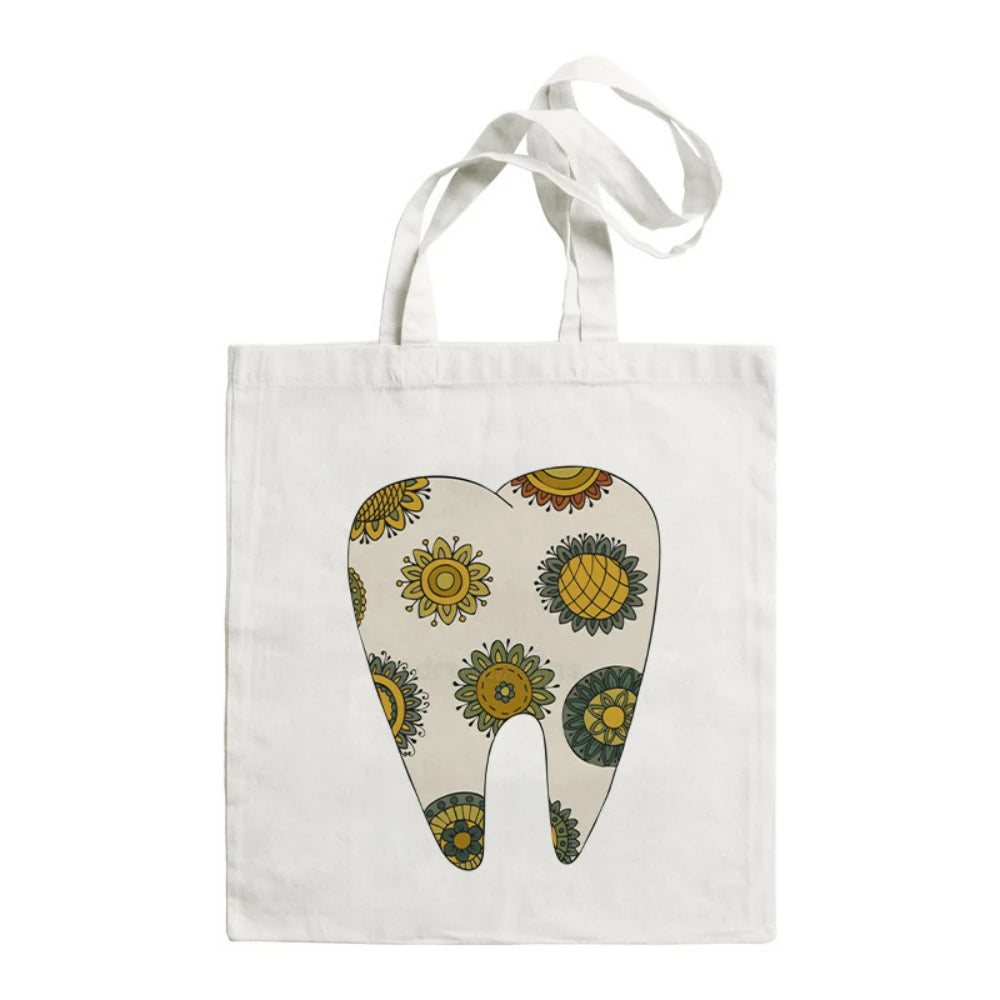 Cartoon Tooth Pattern Pattern Canvas Tote Bag - Dental Clinic Activity Gift Caring for Teeth Activity Bag Dentist Commut Handbag