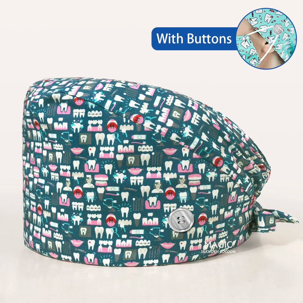 Tooth Print Breathable Scrub Cap - Cotton Hat for Dental Professionals