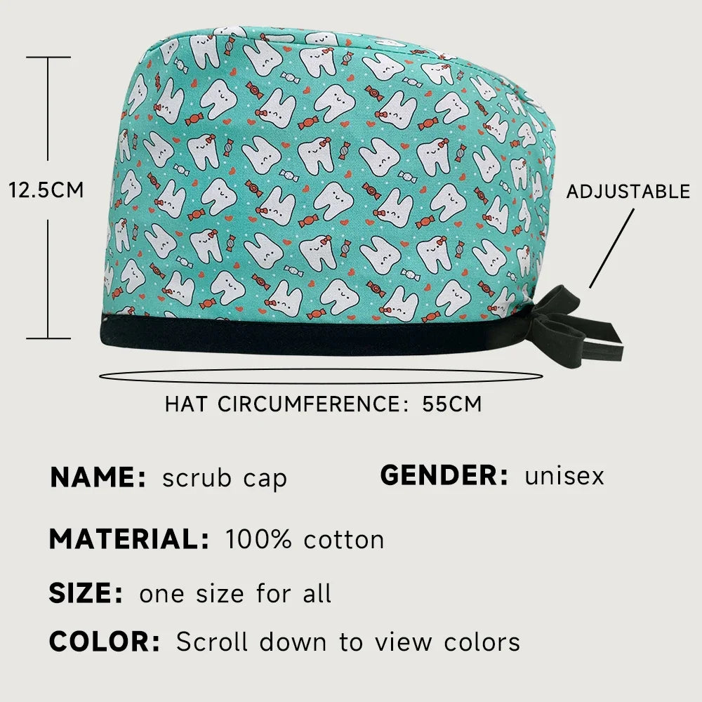 Unisex Pet Clinic Hats High Quality Tooth Print Dental Clinic Scrub Cap Breathable Medical Work Cap Cotton Nursing Hat Wholesale