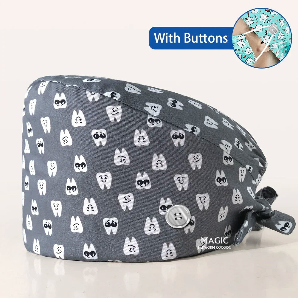 Tooth Printing Adjustable medical Hats Dental Hospital Scrubs Caps Unisex Tie Back Cartoon Scrubs Hats Health nursing Work Hats