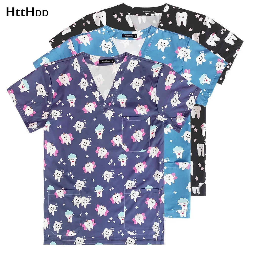 Men's Work Uniform Teeth Print Dentist Comfortable Short Sleeve Scrubs V-Neck Top Clinic Pharmacy Nursing Accessories Blouse New