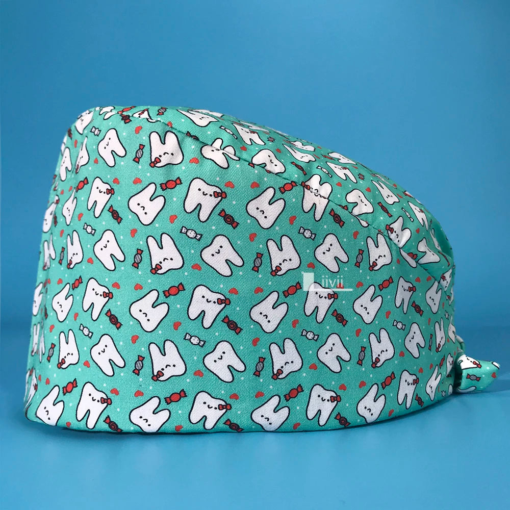 Tooth Print Scrub Cap - Breathable Cotton Nursing Hat for Dental Clinics