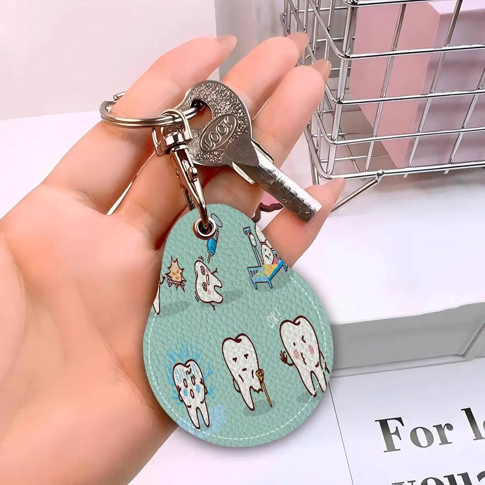 Dentist Dental Teeth Tooth Leather Access Card Holder, Water Drop Keychain, Bus Card Elevator Induction Protective Cover