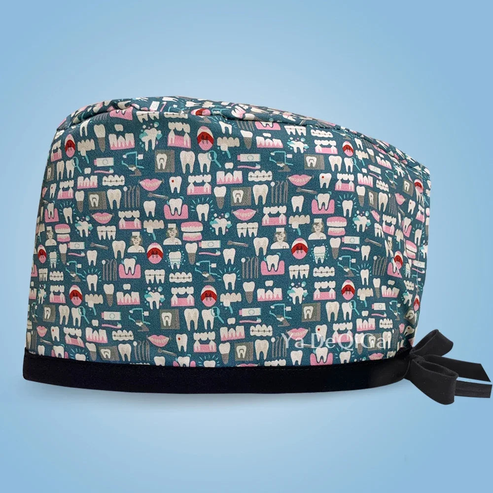 Unisex Pet Clinic Hats High Quality Tooth Print Dental Clinic Scrub Cap Breathable Medical Work Cap Cotton Nursing Hat Wholesale