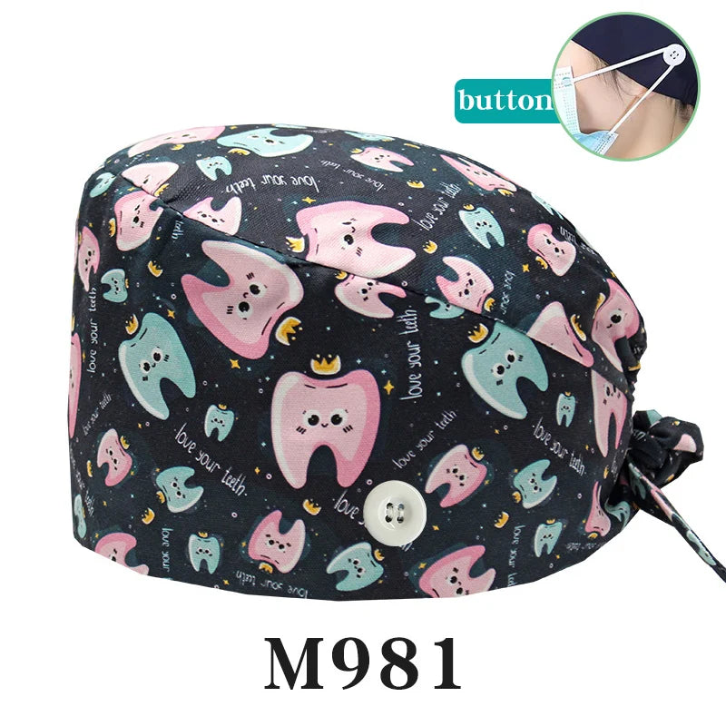 Tooth Fairy Scrub Caps for Man Woman Long Hair Adjustable Skullcap Beauty Salon Vet Working Hats with Bottons M981