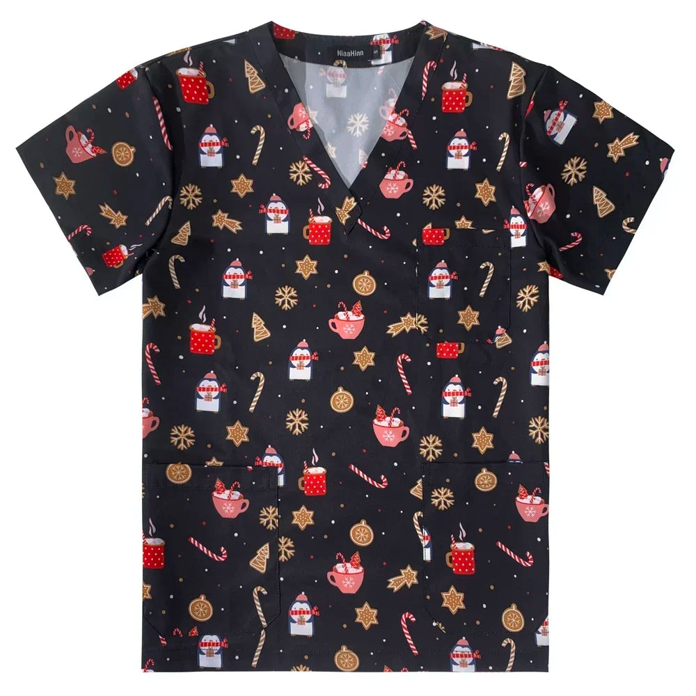 Men's Work Uniform Teeth Print Dentist Comfortable Short Sleeve Scrubs V-Neck Top Clinic Pharmacy Nursing Accessories Blouse New