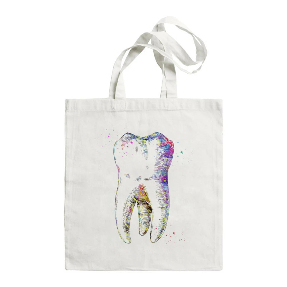 Cartoon Tooth Pattern Pattern Canvas Tote Bag - Dental Clinic Activity Gift Caring for Teeth Activity Bag Dentist Commut Handbag