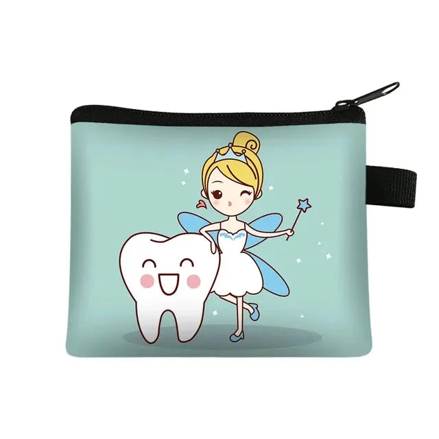 Cartoon Teeth Print Wallet Women Coin Purse Tooth Fairy Small Clutch Bag Candy Money Coin Bags Dental Clinic Mini Purses Gift