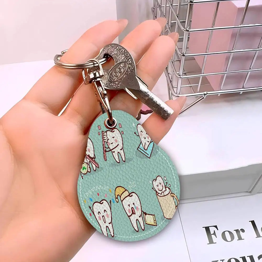 Dentist Dental Teeth Tooth Leather Access Card Holder, Water Drop Keychain, Bus Card Elevator Induction Protective Cover